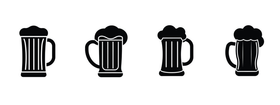 Beer mug and ale glass silhouette icon set featuring foam and cold drink for pub bar and more vector illustration or editable stroke