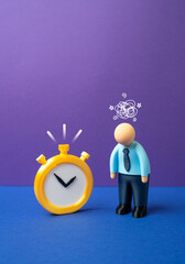 A tired office worker with a stopwatch facing a deadline. Burnout from intense work schedules and...