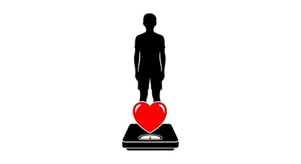 Silhouette A silhouette of a person standing on a scale with a heart symbol, representing a healthy lifestyle and weight management.