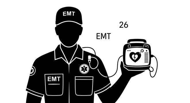 Silhouette A black and white illustration of an EMT holding a defibrillator.