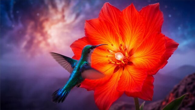 Green hummingbird hovering and drinking nectar from a large glowing red flower in a surreal cosmic mountain landscape with nebulae under cinematic light close-up