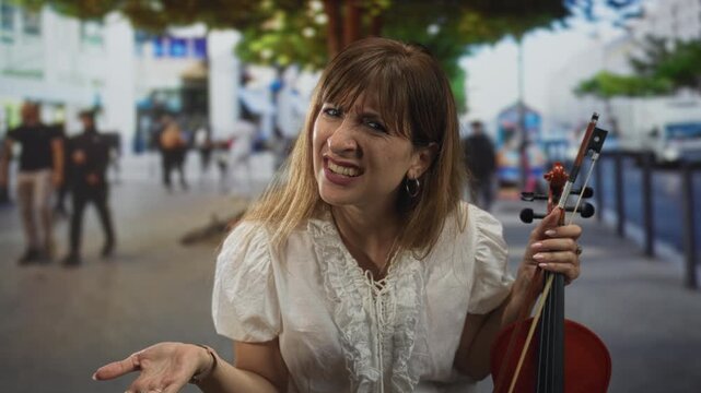 Woman in white blouse holds violin and shrugs palm while grimacing on a busy city street crowded with pedestrians; frustration busking struggle.