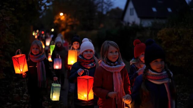 Group of children carrying paper lanterns in procession. Young girl walking at night holding glowing light. St Martin day parade for celebration and tradition.