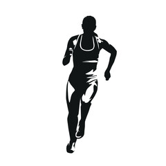 Run. Vector silhouette of a female sprinter running toward the viewer. Front view of a woman athlete in motion during a sprint race. Dynamic track and field illustration showing speed, 