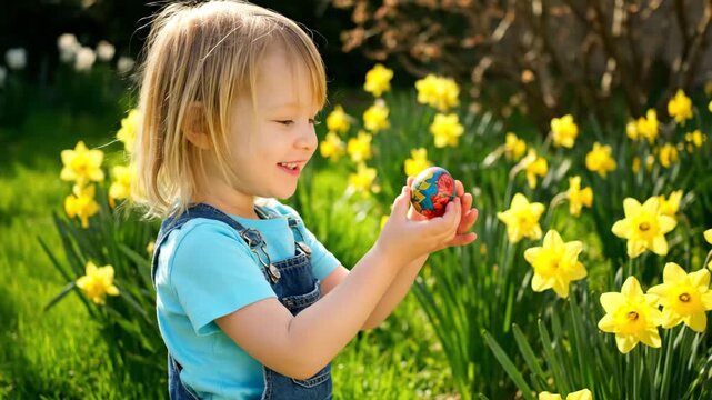 Happy child discovering decorated Easter egg in garden with blooming yellow daffodils. Little girl having fun during spring hunt. Childhood joy and celebration.