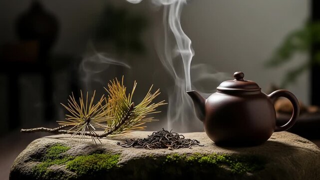 A serene still life features a teapot on a mossy stone with pine needles and loose tea leaves, emitting gentle steam