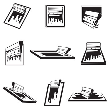 silk screen printing icons with squeegee isolated on white background