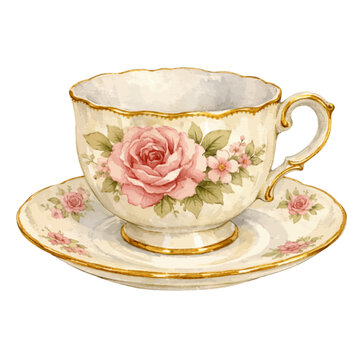 A watercolor illustration of a vintage shabby chic rose floral teacup and saucer for tea party invitations, romantic stationery, cottagecore decor, and elegant kitchen designs.