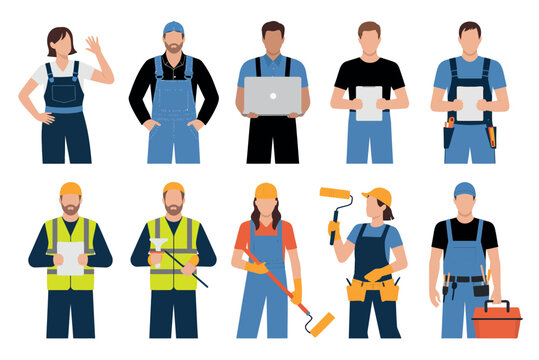 A diverse group of ten professional manual workers is depicted in a flat illustration style. The characters include builders, painters, and technicians, each wearing appropriate safety gear and holdin