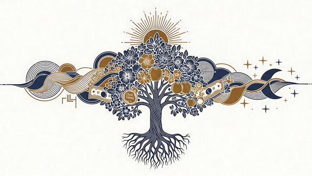 Tree with roots and flowers in blue gold intaglio style isolated on a transparent background