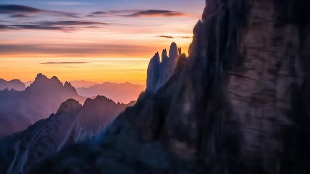A serene mountain range at sunset with rugged peaks and snow patches