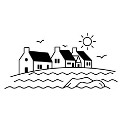 Illustration vectorielle minimaliste représentant un petit village breton au bord de la mer avec maisons, vagues, soleil et oiseaux. Micro scène inspirée du littoral et des paysages de Bretagne. © Manon