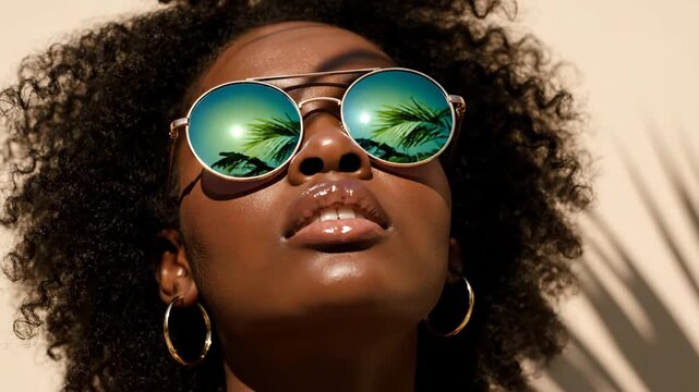 African american woman wearing mirror sunglasses with palm tree reflection. Fashion model posing under sunlight with natural leaf shadows. Summer style portrait.