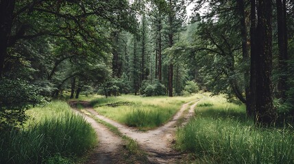 Naklejka premium A serene forest landscape with a dirt road diverging into two paths surrounded by tall trees and lush green grass.