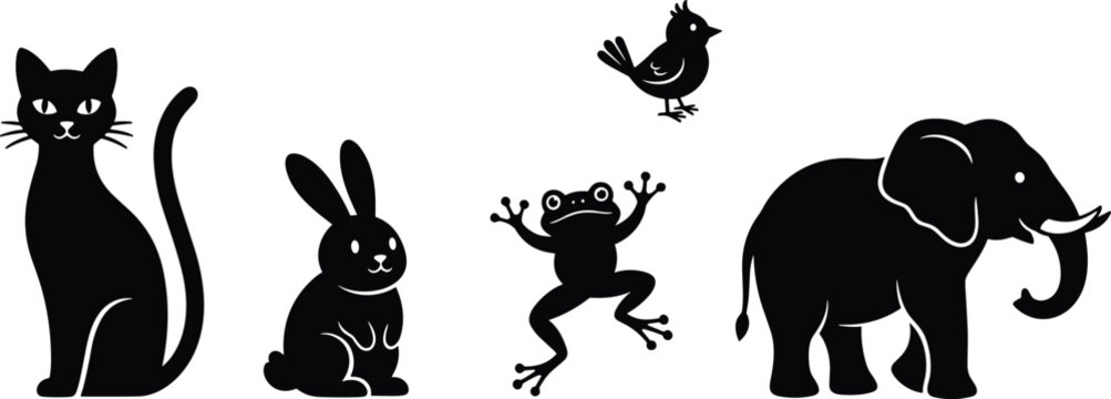 Animal silhouette icon set featuring cat, rabbit, frog, bird and elephant in simple cute wildlife and pet illustration collection isolated on white background