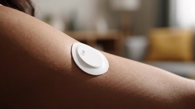 Woman wearing a glucose monitor attached to her arm. Continuous tracking device for health monitoring. Medical sensor for diabetic management and wellness check.