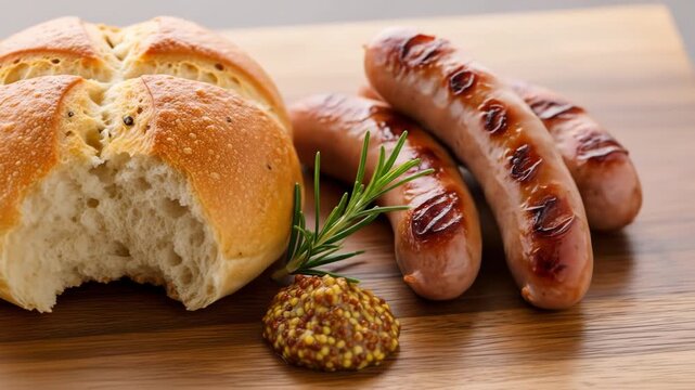 A close-up of grilled sausages, rosemary, mustard, and a partially eaten bun on a wooden cutting board
