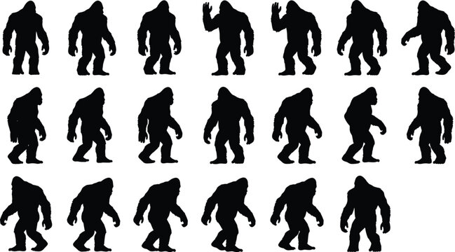 Bigfoot sasquatch silhouette collection showing different walking poses and gestures mythical forest creature character set isolated for wildlife mystery legend design