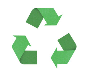 Fototapeta premium Green recycling symbol with paper texture isolated on white background
