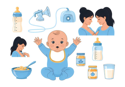Infant feeding and care essentials with a happy baby