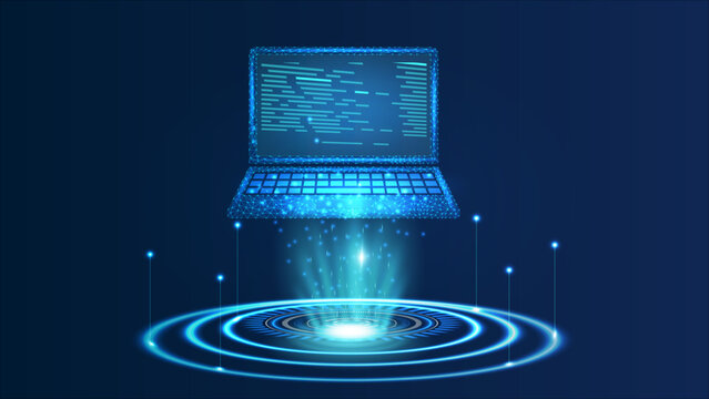 laptop hud Abstract wireframe of laptop computer on blue background, technology concept for web design and online business, digital line connection with copy space area. Low poly style.
