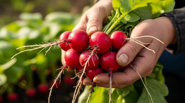 A person's hands holding a bunch of freshly picked red radishes with green leaves