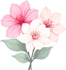 Obraz premium Delicate pink spring blossom flowers with green leaves isolated on white background elegant floral illustration for romantic design greeting cards wedding invitations and decoration 