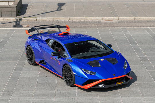 Luxembourg City, Luxembourg - April 14th 2025 : View on a blue Lamborghini Hurac&aacute;n STO parked in a street in the Kirchberg District.