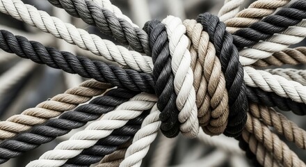 Fototapeta premium Detailed view of multiple ropes tied together in a complex strong knot. Concept of networking, business integration and reliable partnership. Neutral tones of black white and brown threads.