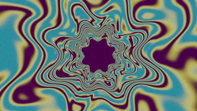 Retro liquid starburst animation with multicolor warped waves and psychedelic radial explosion