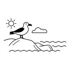 Illustration vectorielle minimaliste représentant un goéland posé sur un rocher au bord de la mer avec soleil, nuage et vagues. Micro scène inspirée du littoral et de la faune marine de Bretagne. © Manon