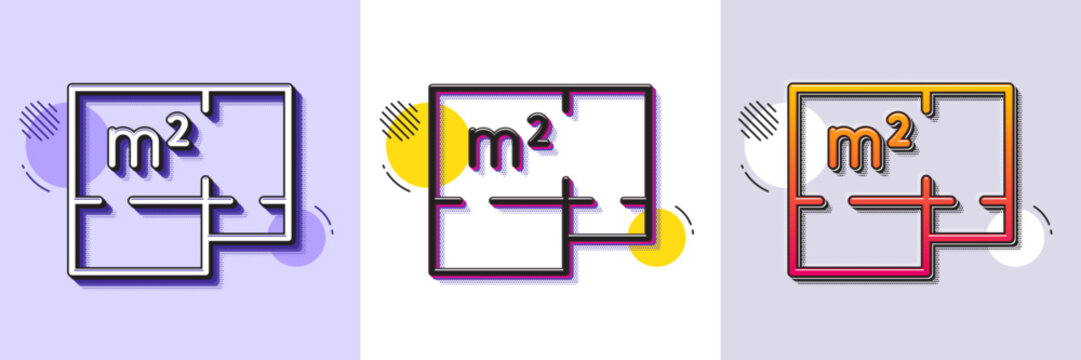 Floor plan line icon. Halftone dotted pattern. Gradient icon with grain shadow. House floorplan sign. Square meters of living space symbol. Line floor plan icon. Various designs. Vector