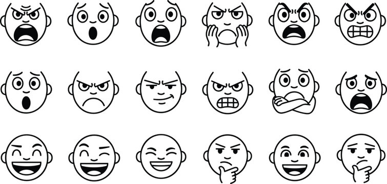 Set of cartoon facial expression icons showing different human emotions including angry, surprised, sad, thinking, laughing and shocked faces in simple outline style