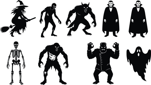 Set of spooky Halloween monster silhouettes including witch zombie werewolf vampire skeleton ghost and Frankenstein characters isolated for horror design decoration and spooky themes