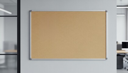 Fototapeta premium Empty cork board on a white wall in a modern office setting ready for notes and announcements.