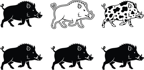 Fototapeta premium Wild boar silhouette and outline illustration set with different styles including solid, line art and spotted design isolated on white background