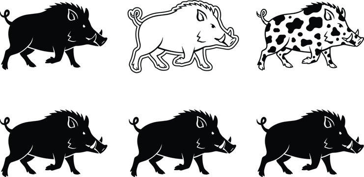 Wild boar silhouette and outline illustration set with different styles including solid, line art and spotted design isolated on white background