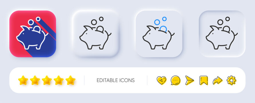 Piggy bank line icon. Neumorphic, Flat shadow, 3d buttons. Coins money sign. Business savings symbol. Line piggy bank icon. Social media icons. Vector