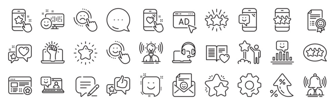 Feedback line icons. Settings gear, Message, Inflation icons. Set of User Opinion, Customer service and Star Rating icons. Testimonial, Positive negative emotion, Customer satisfaction. Vector