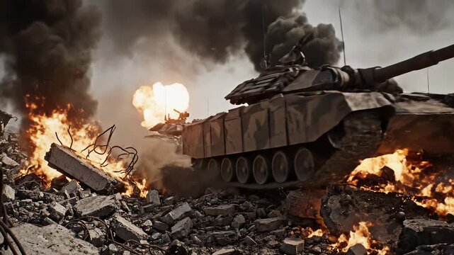 Tanks Advance Through War Torn Cityscape with Fire and Smoke