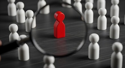 Obraz premium Magnifying glass highlighting a single red figure among many white people, symbolizing individuality, unique talent identification, target audience selection, or standing out in a collective group