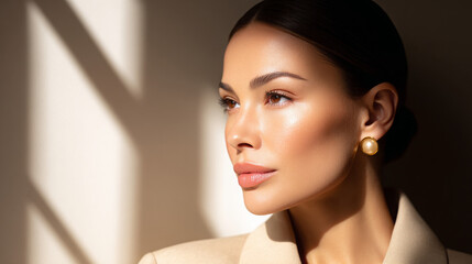 Naklejka premium Young woman with elegant hairstyle posing in soft natural light 