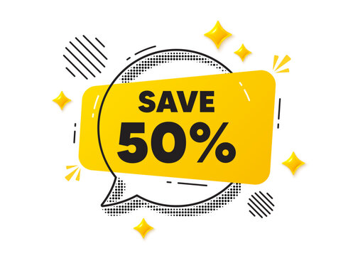 Discount chat speech bubble. Social media concept. Save 50 percent off tag. Sale Discount offer price sign. Special offer symbol. Yellow chat message. Offer speech bubble. Glare 3d stars. Vector