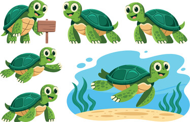 Obraz premium A cute, cartoon-style sea turtle is shown in various poses and activities. The green turtle is depicted walking on sand, swimming underwater, and holding a wooden sign.