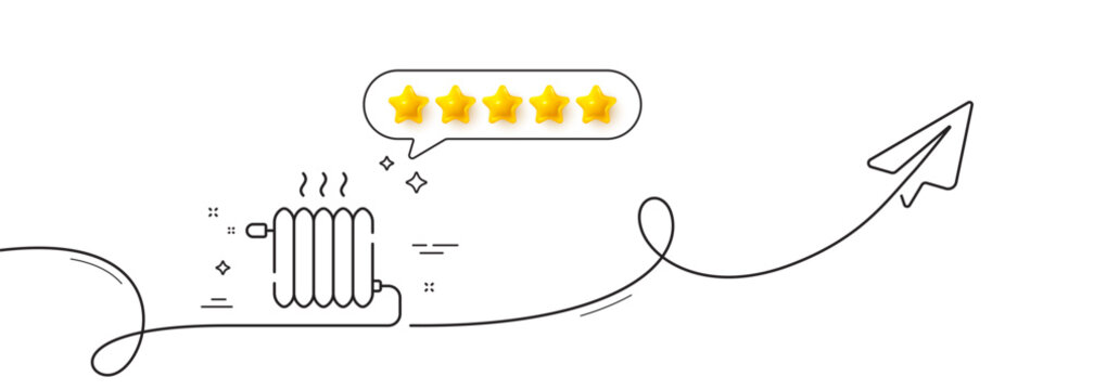 Radiator line icon. Continuous line with share plane. Heat convector sign. Temperature heater symbol. Five star rate review in speech bubble. Radiator single line ribbon. Loop curve pattern. Vector
