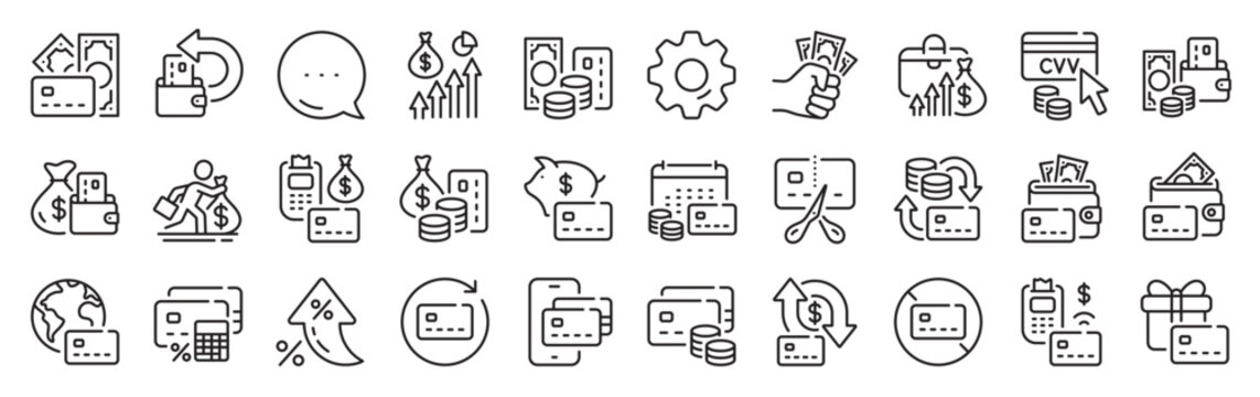 Credit card line icons. Settings gear, Message, Inflation icons. Payment card terminal, bankrupt and contactless pay set. Bank atm exchange, cut credit card and CVV code line icons. Vector