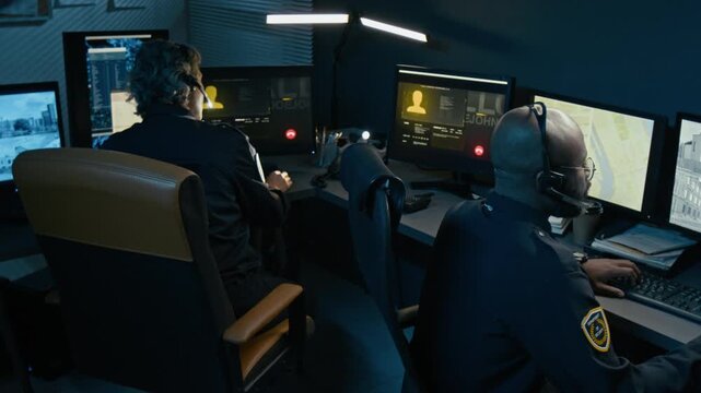 Back view shot of two people working as police dispatchers and sitting at shared workstation with multiple computer monitors showing data, maps and city street views