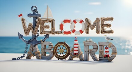 Nautical themed wooden letters spelling welcome aboard with maritime decor against a bright ocean background © Asghar