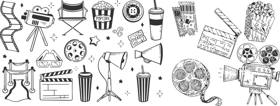 Hand Drawn Cinema Movie Doodle Set with Film Camera, Popcorn, Clapperboard, Ticket and Director Chair Sketch Vector Illustration
