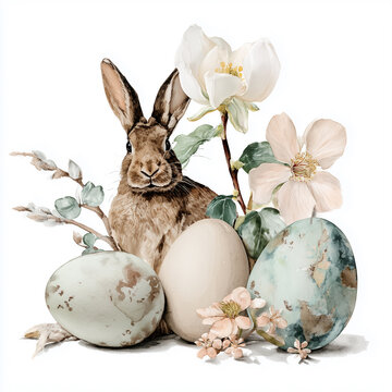 Watercolor Easter elegant illustration with bunny, pastel subdued colors, elegant mood, decorated Easter eggs, spring flowers, decoupage style